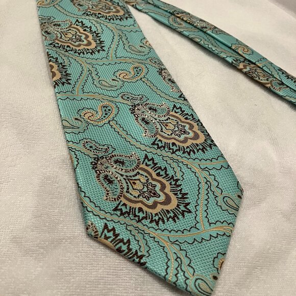 Verse 9 Haute Couture Silk Necktie with Pocket Square - Turquoise, Brown and Tan - Picture 1 of 5